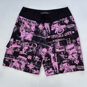 Vintage Y2K No Fear Board Shorts Grunge Off Road Skull Pink & Black Men’s 34